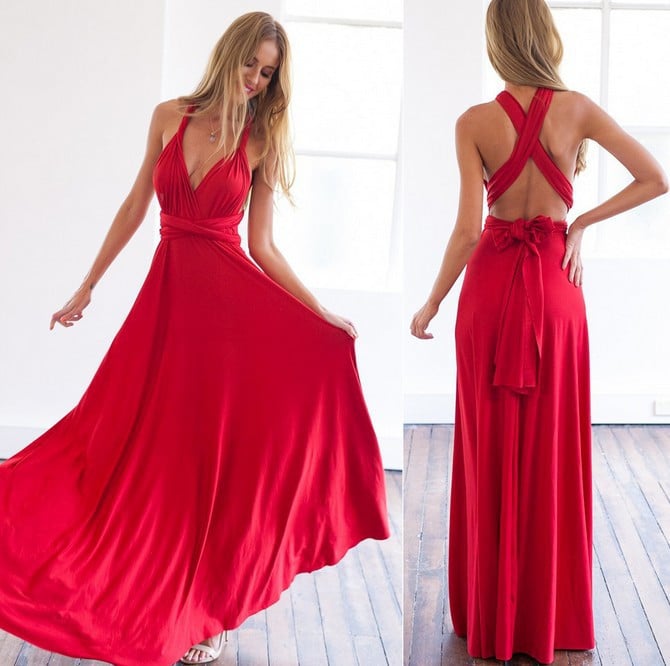 Robe longue dos ouvert femme pour invitée de mariage, rouge