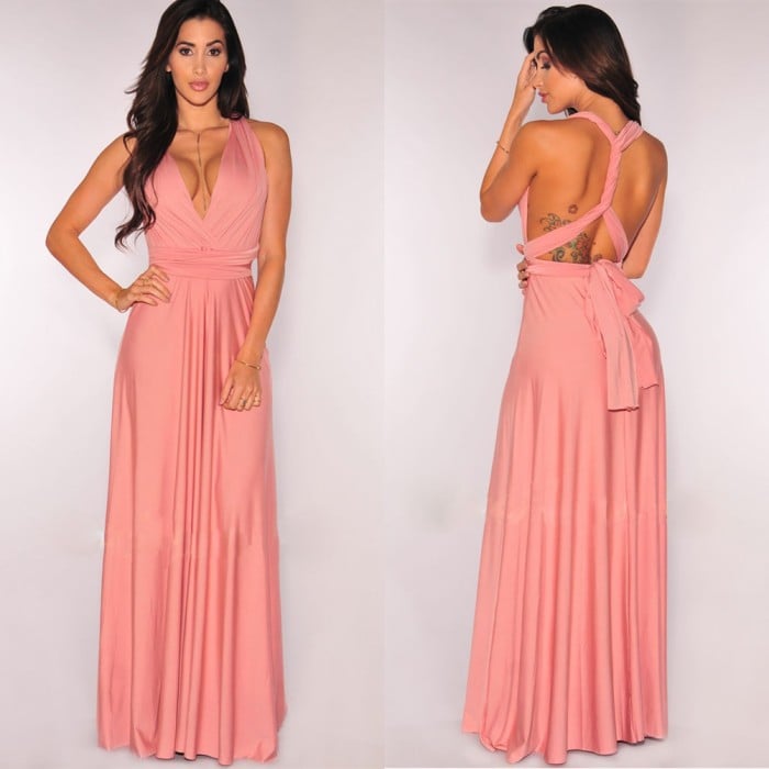Robe longue dos ouvert femme pour invitée de mariage, rose