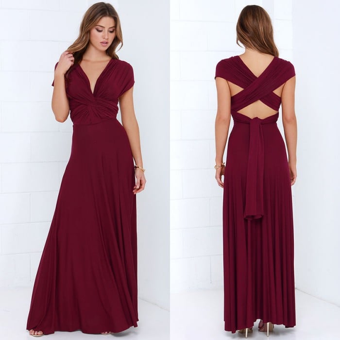 Robe longue dos ouvert femme pour invitée de mariage, rouge vin