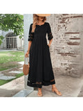 Robe longue évasée femme à poches, col rond, trois coloris, noir