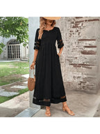 Robe longue évasée femme à poches, col rond, trois coloris, noir
