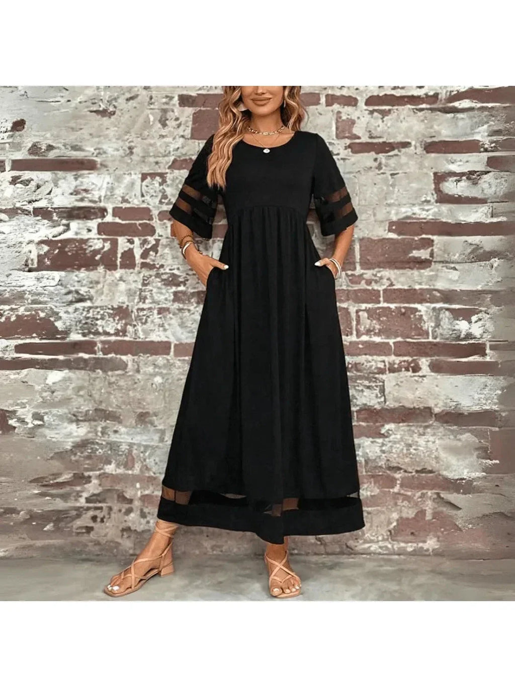Robe longue évasée femme à poches, col rond, trois coloris