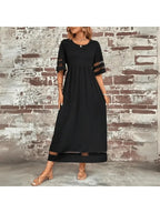 Robe longue évasée femme à poches, col rond, trois coloris