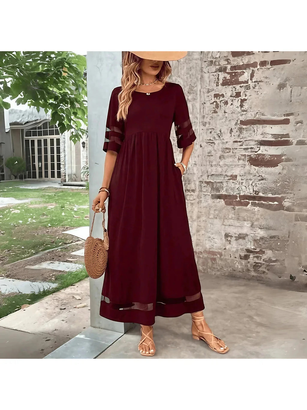 Robe longue évasée femme à poches, col rond, trois coloris, rouge