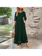 Robe longue évasée femme à poches, col rond, trois coloris, vert