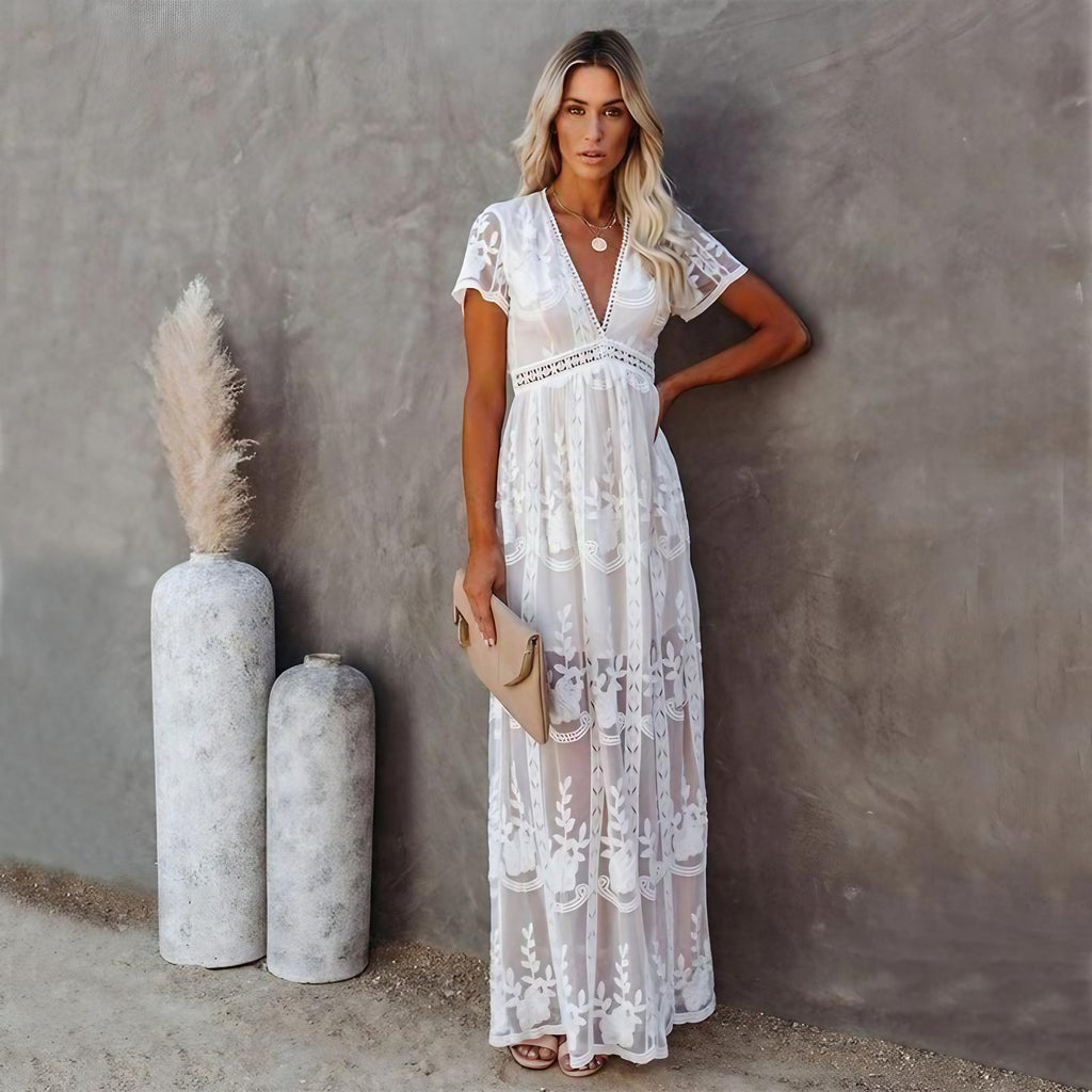 Robe maxi blanche femme, taille ajustable, longueur au sol