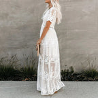 Robe maxi blanche femme, taille ajustable, longueur au sol