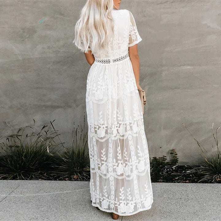 Robe maxi blanche femme, taille ajustable, longueur au sol
