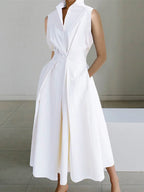 Robe chemise longue femme, taille drapée, coupe fluide, blanc
