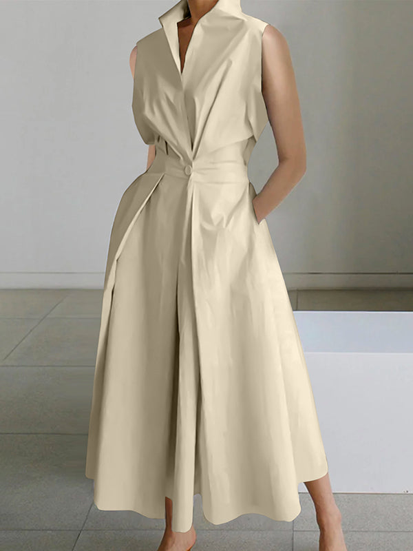 Robe chemise longue femme, taille drapée, coupe fluide, beige