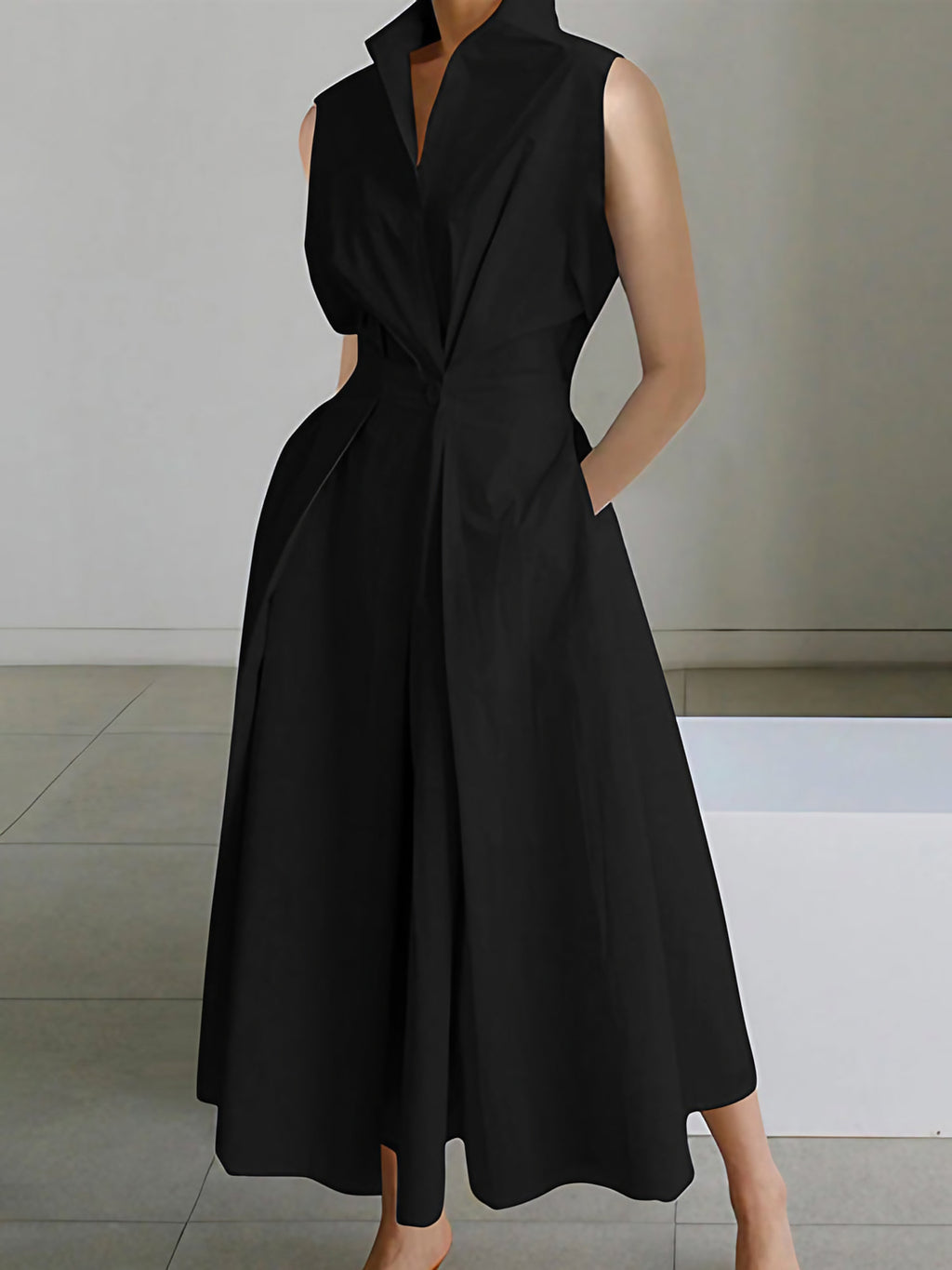 Robe chemise longue femme, taille drapée, coupe fluide, noir