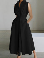 Robe chemise longue femme, taille drapée, coupe fluide, noir