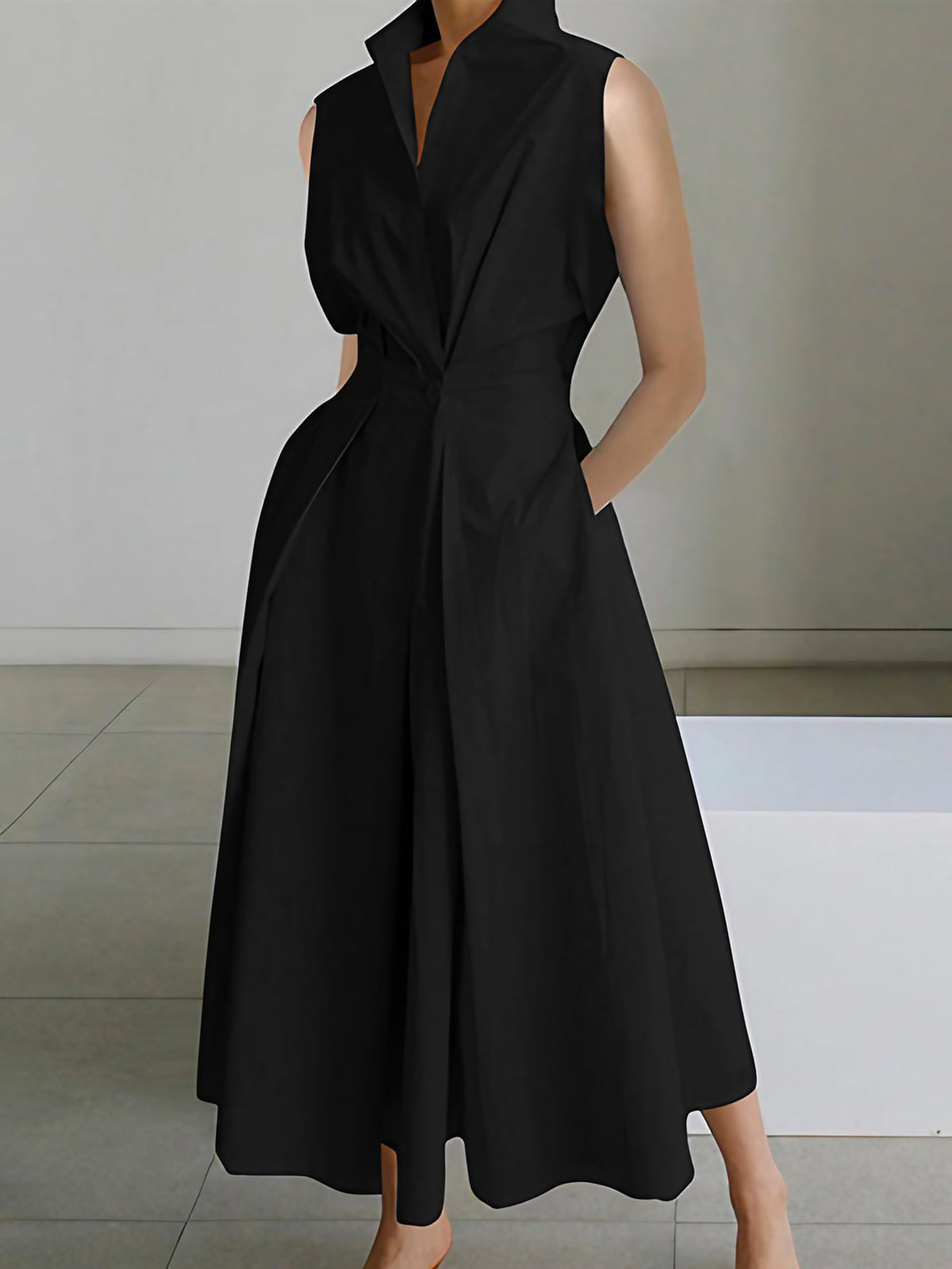Robe chemise longue femme, taille drapée, coupe fluide, noir