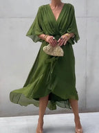 Robe longue d'été col V, manches courtes, du S au 5XL