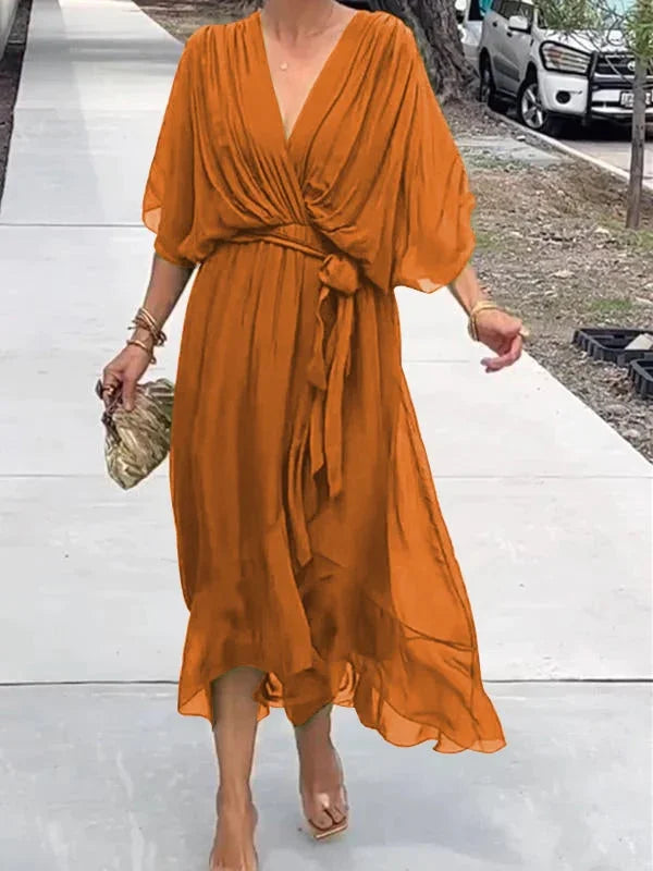 Robe longue d'été col V, manches courtes, du S au 5XL, orange