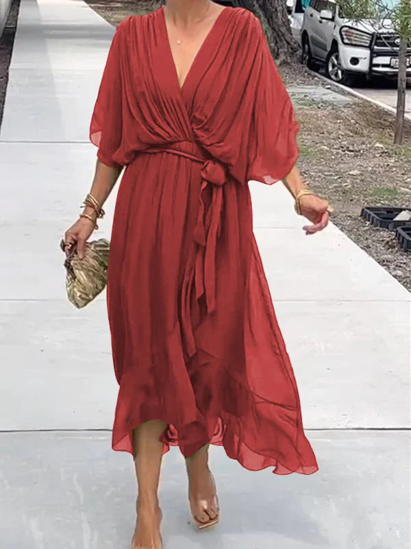 Robe longue d'été col V, manches courtes, du S au 5XL, rouge