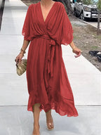 Robe longue d'été col V, manches courtes, du S au 5XL, rouge
