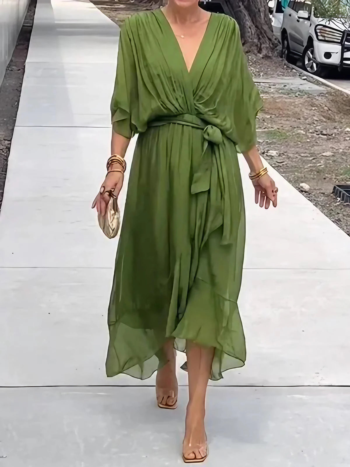 Robe longue d'été col V, manches courtes, du S au 5XL, vert