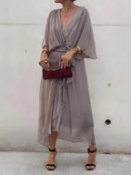 Robe longue d'été col V, manches courtes, du S au 5XL, gris