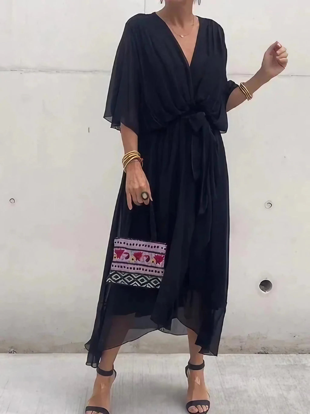 Robe longue d'été col V, manches courtes, du S au 5XL, noir
