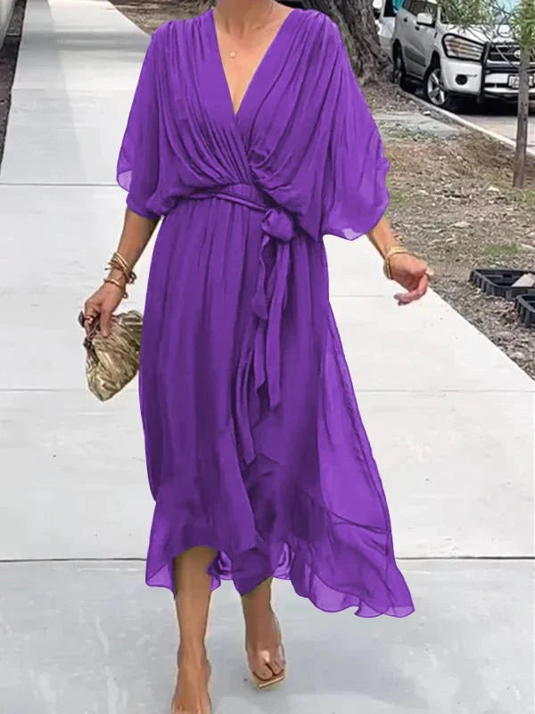 Robe longue d'été col V, manches courtes, du S au 5XL, lilas
