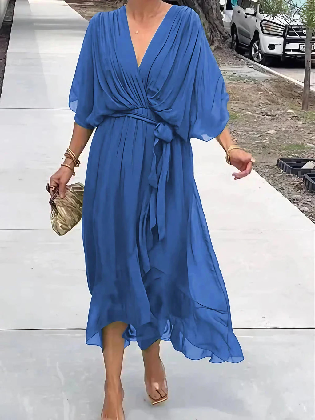Robe longue d'été col V, manches courtes, du S au 5XL, bleu