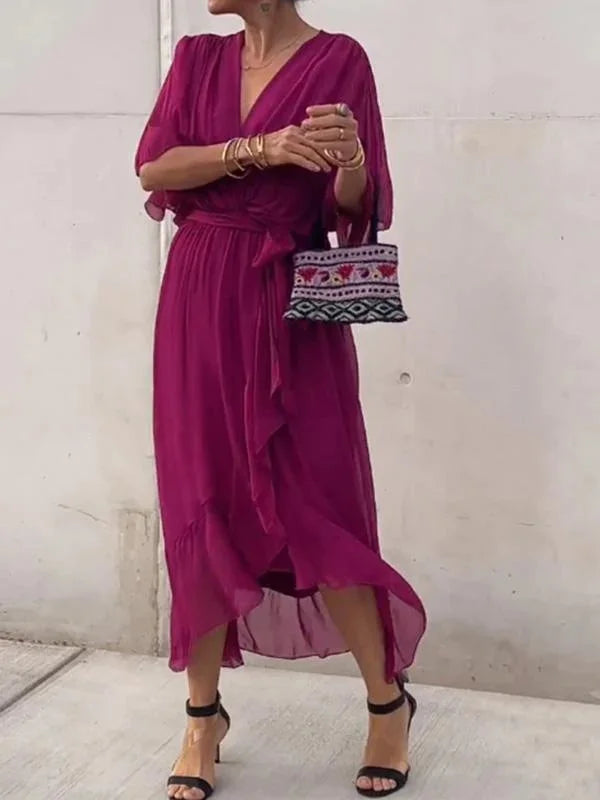 Robe longue d'été col V, manches courtes, du S au 5XL, rose