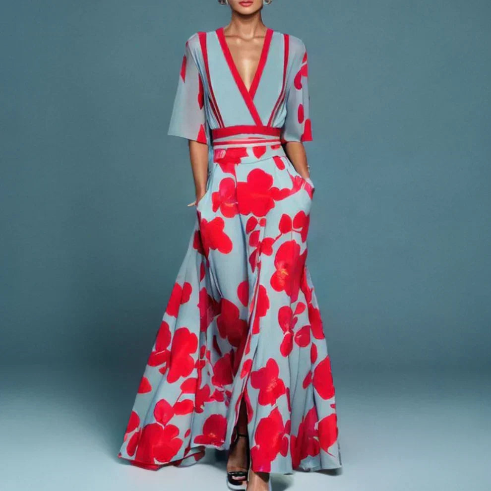 Robe longue fleurie col V, manches 3/4, coupe fluide