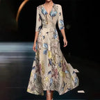 Robe longue fleurie col V, manches 3/4, coupe fluide, kaki