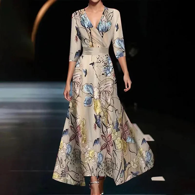 Robe longue fleurie col V, manches 3/4, coupe fluide, kaki