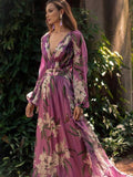 Robe longue fleurie violette col V, manches longues, S au 3XL, violet