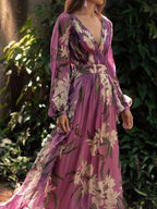 Robe longue fleurie violette col V, manches longues, S au 3XL