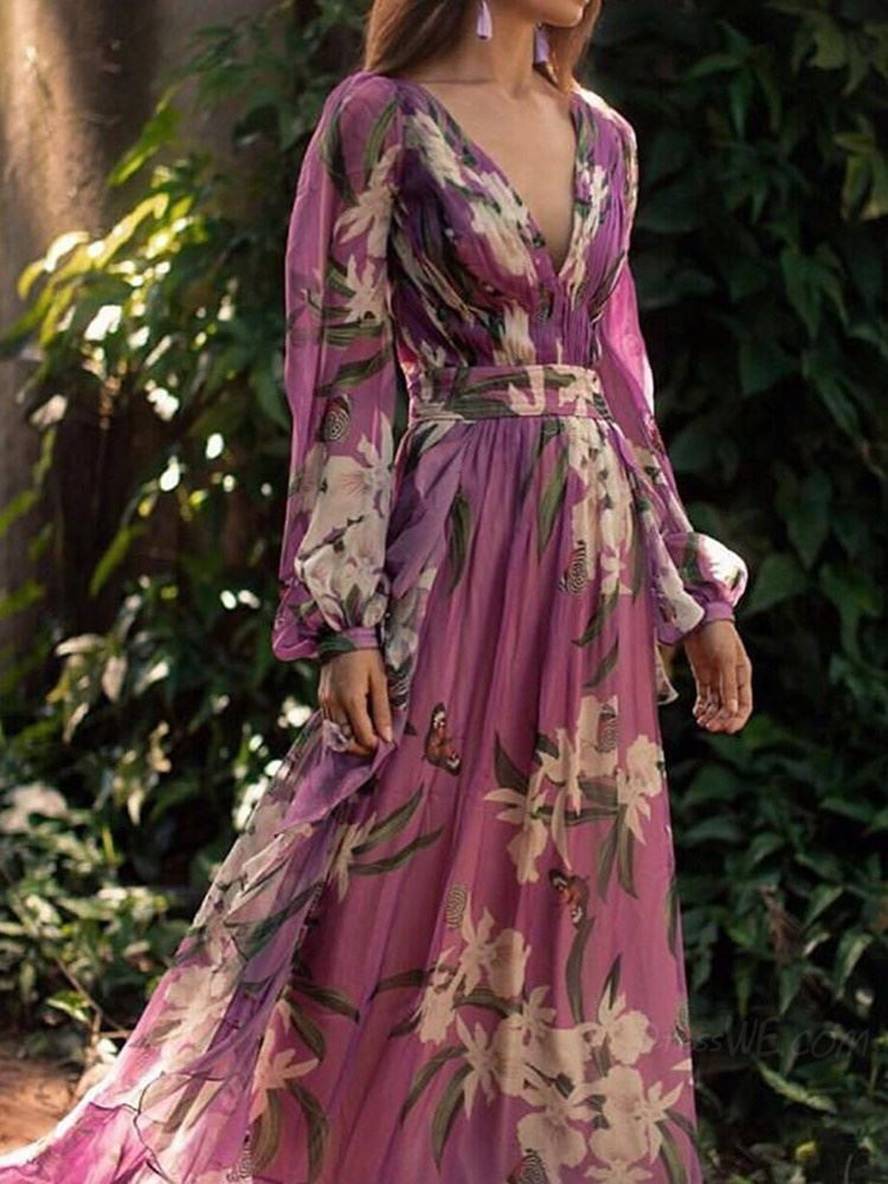 Robe longue fleurie violette col V, manches longues, S au 3XL