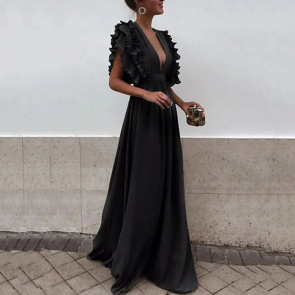 Robe longue femme à volants, décolleté plongeant, taille cintrée