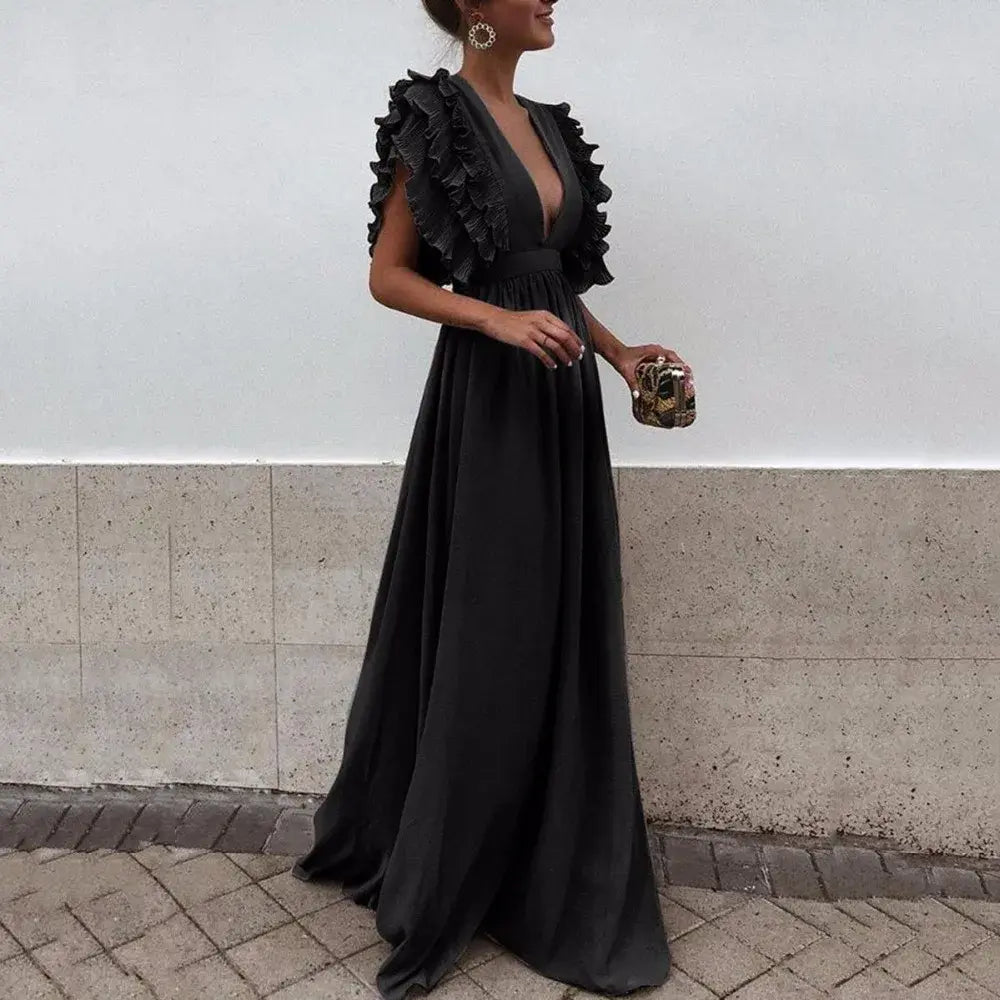 Robe longue femme à volants, décolleté plongeant, taille cintrée, noir