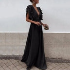 Robe longue femme à volants, décolleté plongeant, taille cintrée, noir
