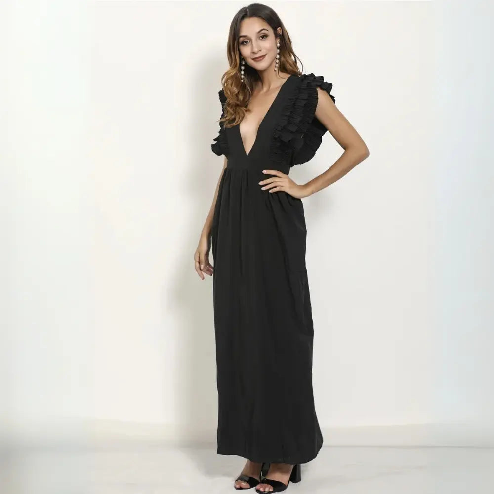 Robe longue femme à volants, décolleté plongeant, taille cintrée