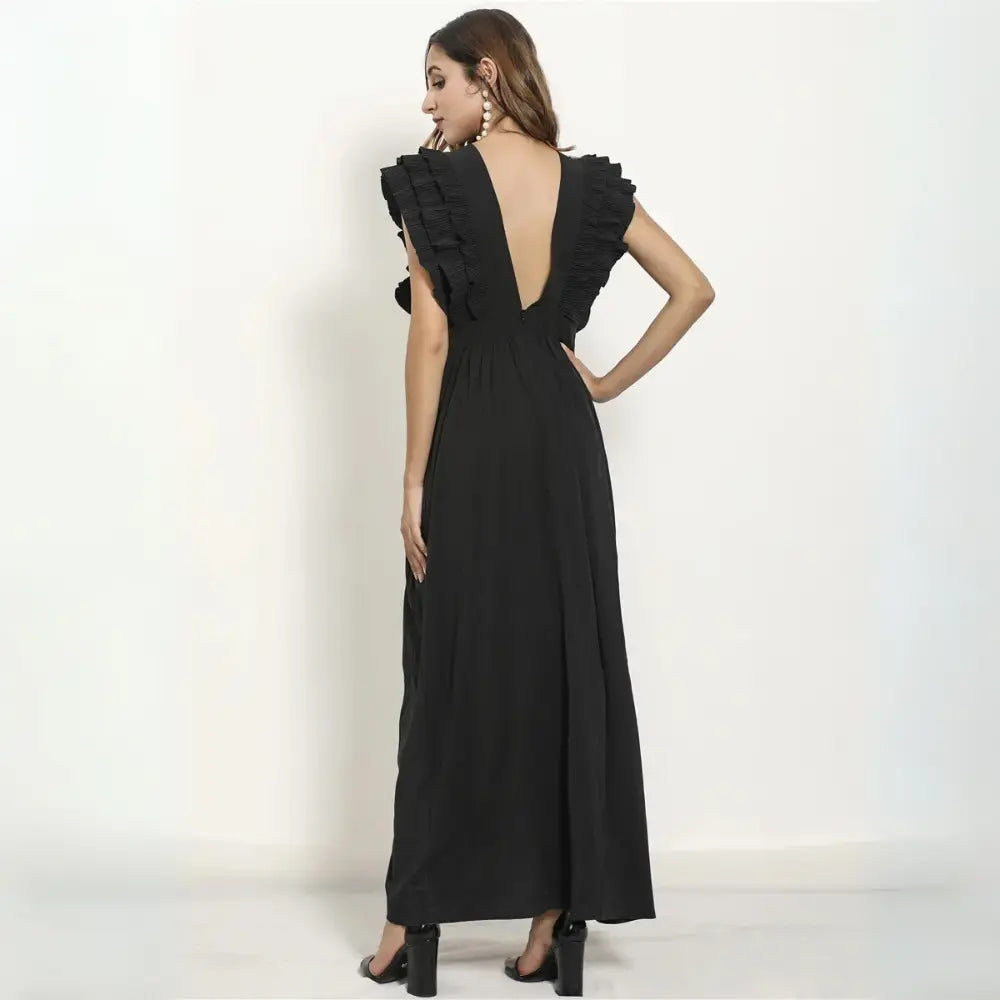 Robe longue femme à volants, décolleté plongeant, taille cintrée