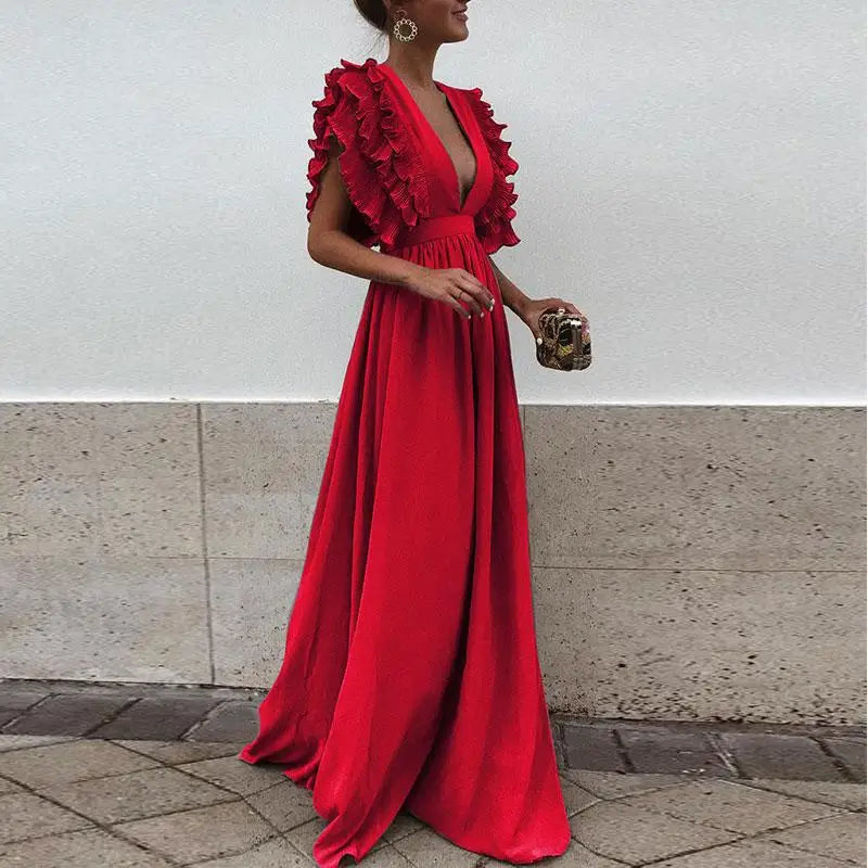 Robe longue femme à volants, décolleté plongeant, taille cintrée, rouge