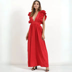 Robe longue femme à volants, décolleté plongeant, taille cintrée