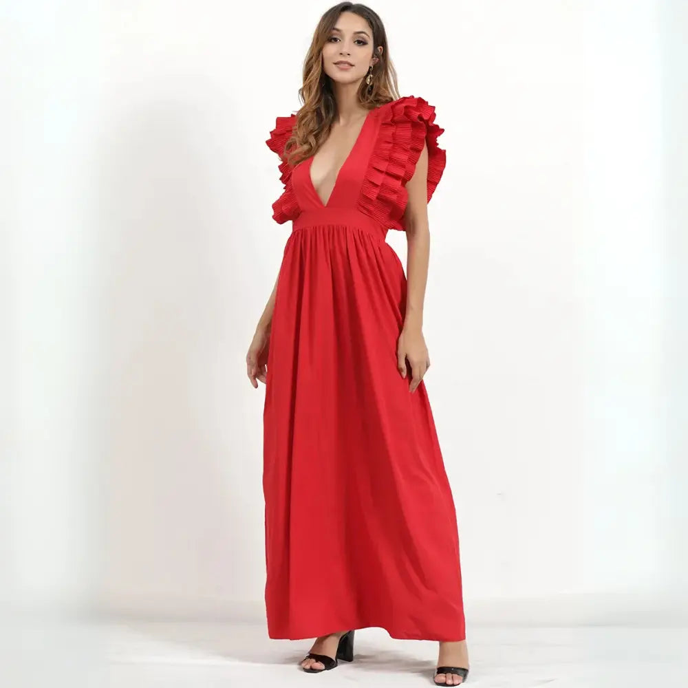 Robe longue femme à volants, décolleté plongeant, taille cintrée