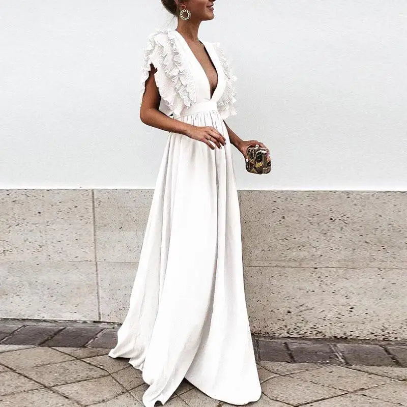Robe longue femme à volants, décolleté plongeant, taille cintrée, blanc