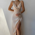 Robe de soirée longue portefeuille, bretelles fines et fente, abricot