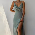 Robe de soirée longue portefeuille, bretelles fines et fente, vert