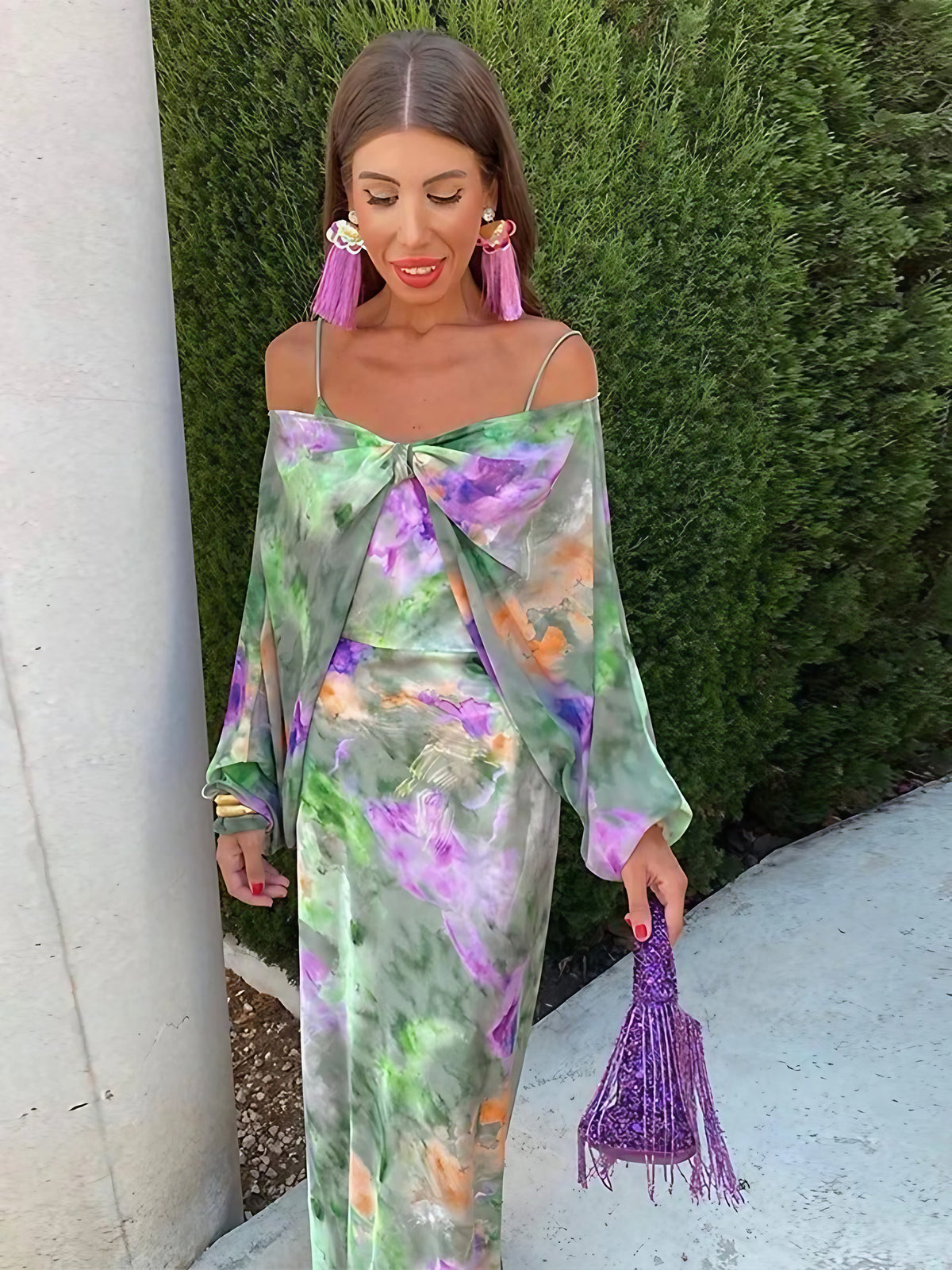Robe longue femme dos ouvert, motif multicolore, coupe fluide, multicolore