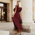 Robe longue femme à volants, taille ceinturée, six coloris