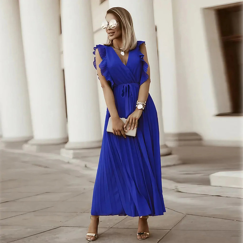 Robe longue femme à volants, taille ceinturée, six coloris, bleu