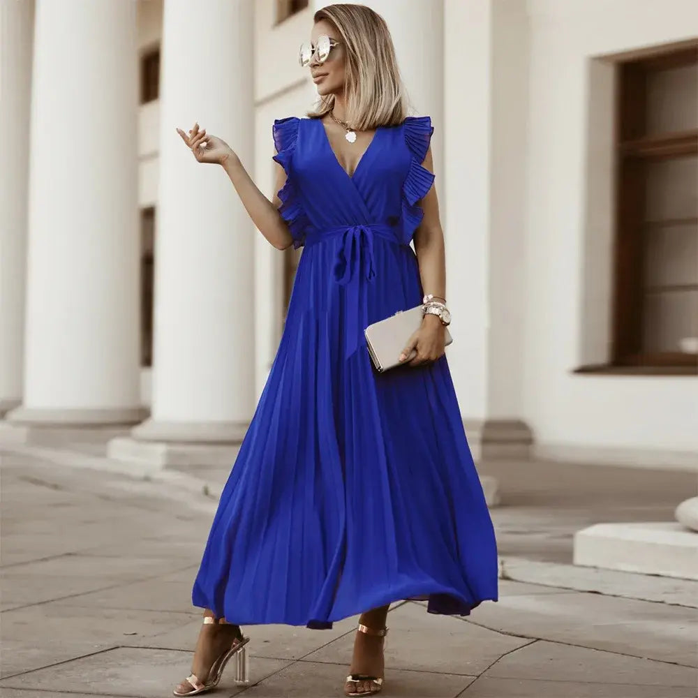 Robe longue femme à volants, taille ceinturée, six coloris