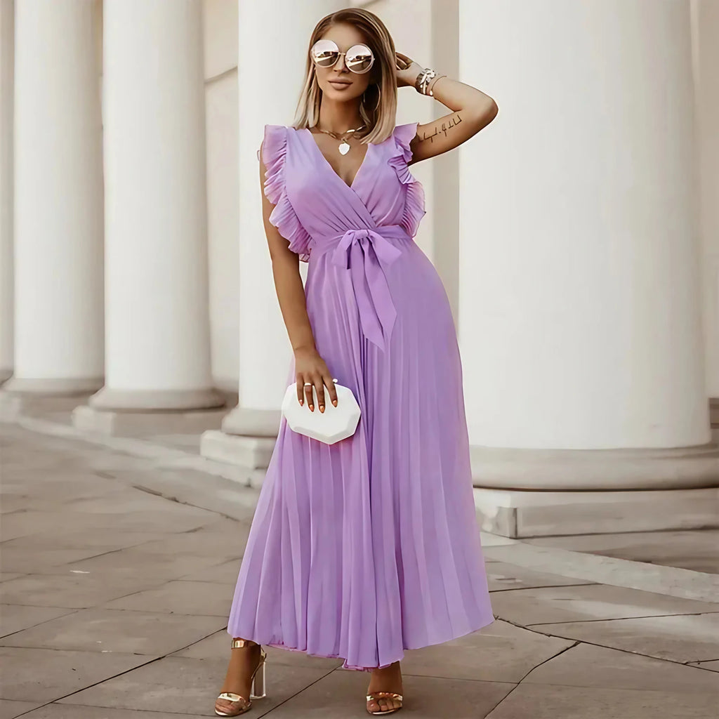 Robe longue femme à volants, taille ceinturée, six coloris, violet clair