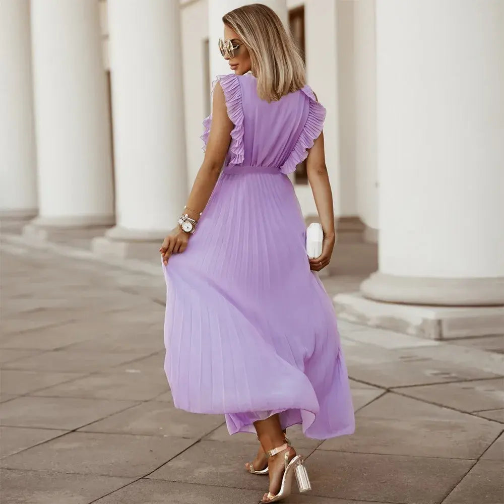 Robe longue femme à volants, taille ceinturée, six coloris